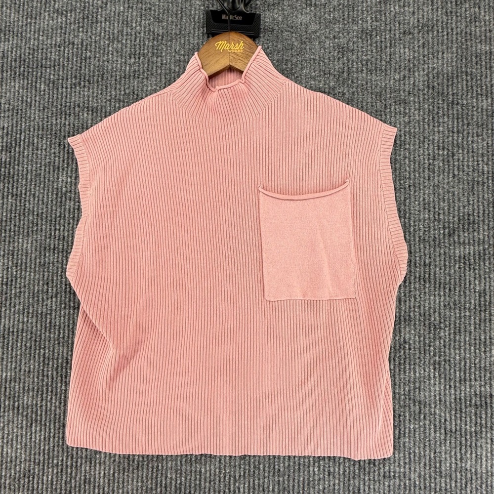 Unbranded Mock Neck Sweater Vest Womens Size S Pink Excellent Ribbed Knit Pocket